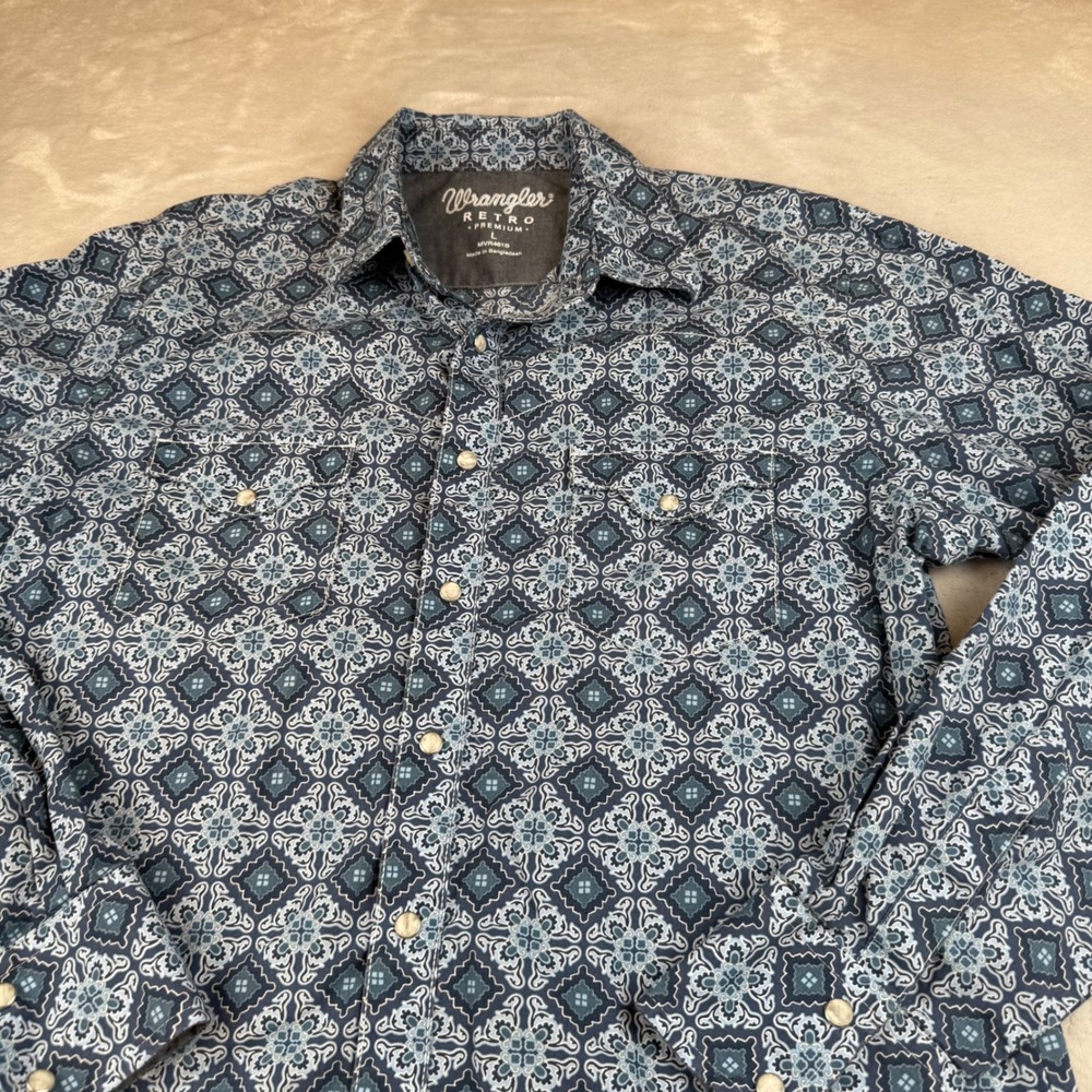 Wrangler Retro Premium Mens Long Sleeve Button Down Shirt Blue Pattern L - Picture 2 of 7